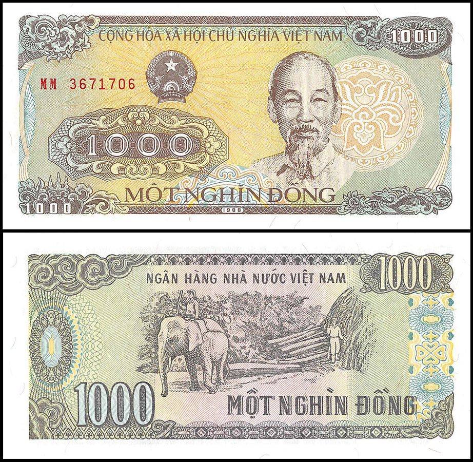 Vietnamese Currency 1,000 Vietnam Dong Banknote, 1988,